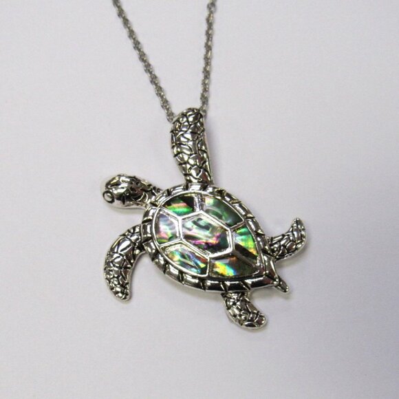 Silver Plated Abalone Shell Turtle Charm Necklace Set Pendant & Earrings - Picture 2 of 5